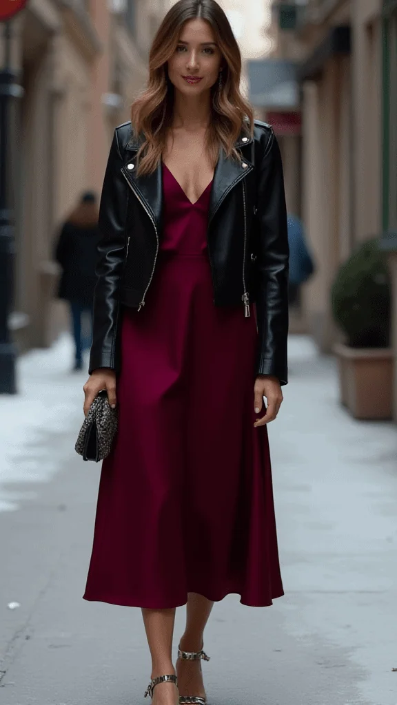 Satin Slip Dress and Biker Jacket