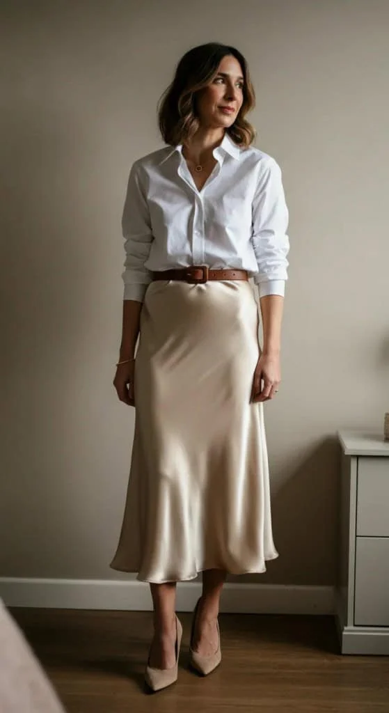 Classic White Button-Down and Midi Silk Skirt