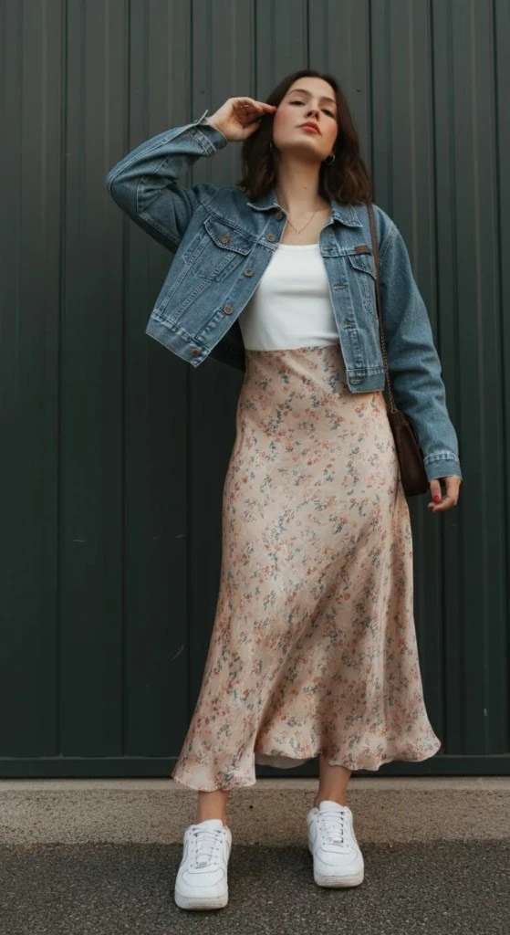 Cropped Denim Jacket with Floral Silk Skirt
