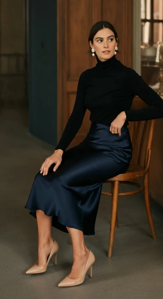 Turtleneck and Silk Pencil Skirt