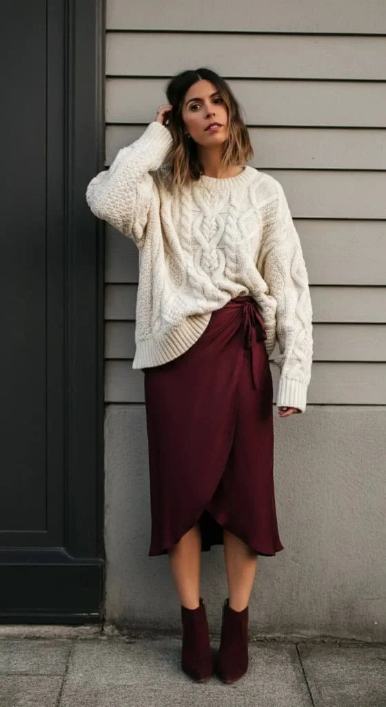 Chunky Knit with Silk Wrap Skirt