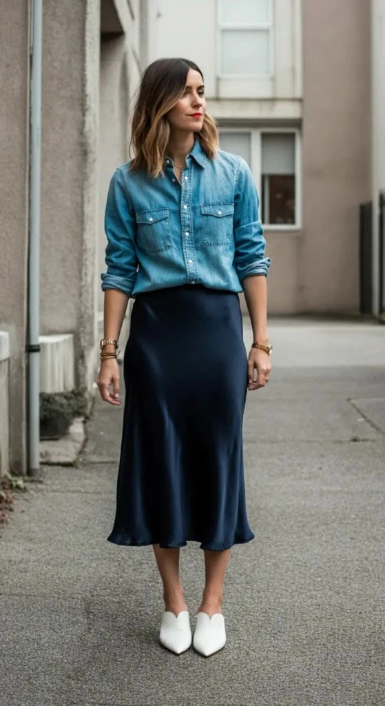 Denim Shirt with Silk Slip Skirt