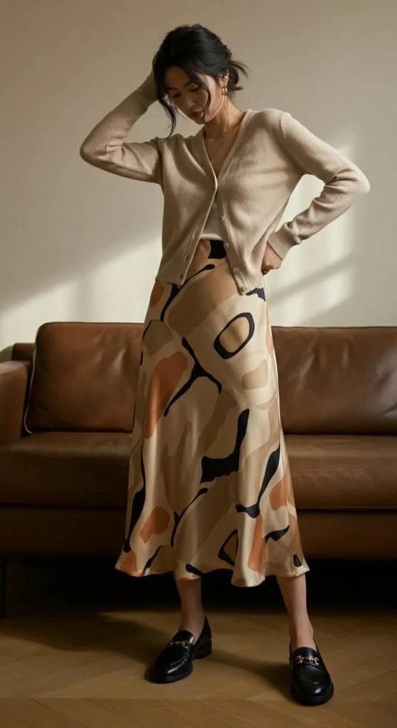 Cardigan and Printed Silk Skirt