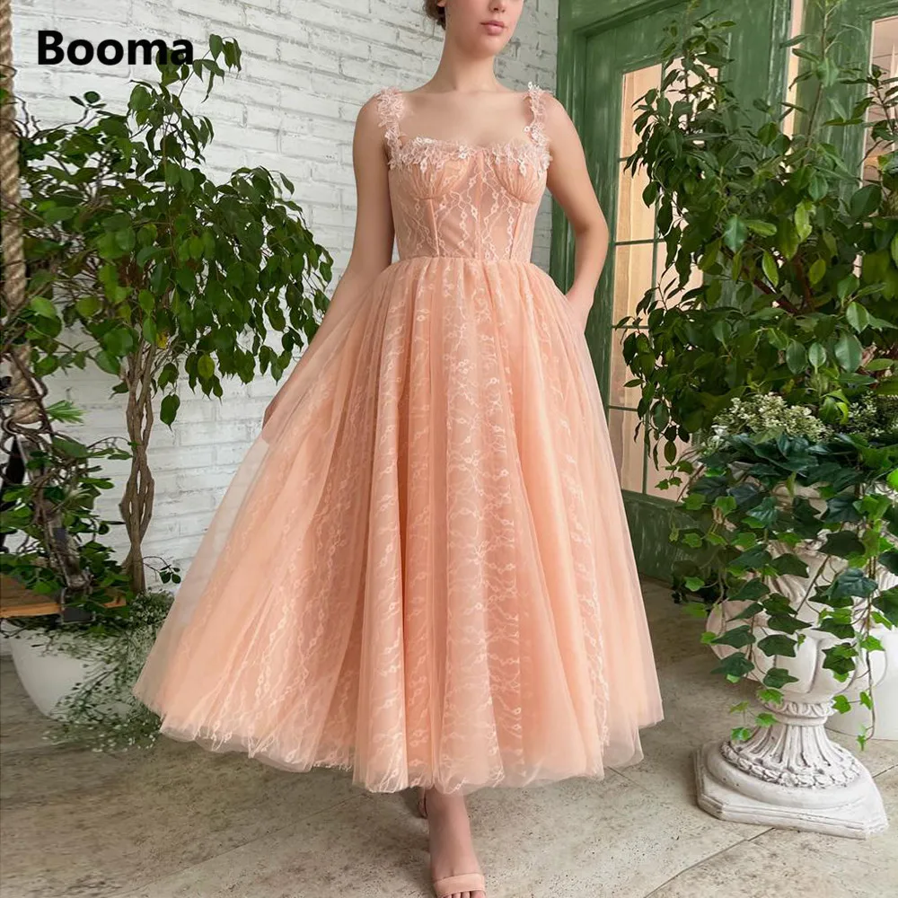 Peach Lace Tea-Length Dress
