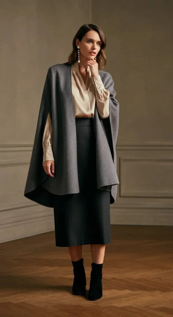 Cashmere Cape and Slim Skirt Ensemble