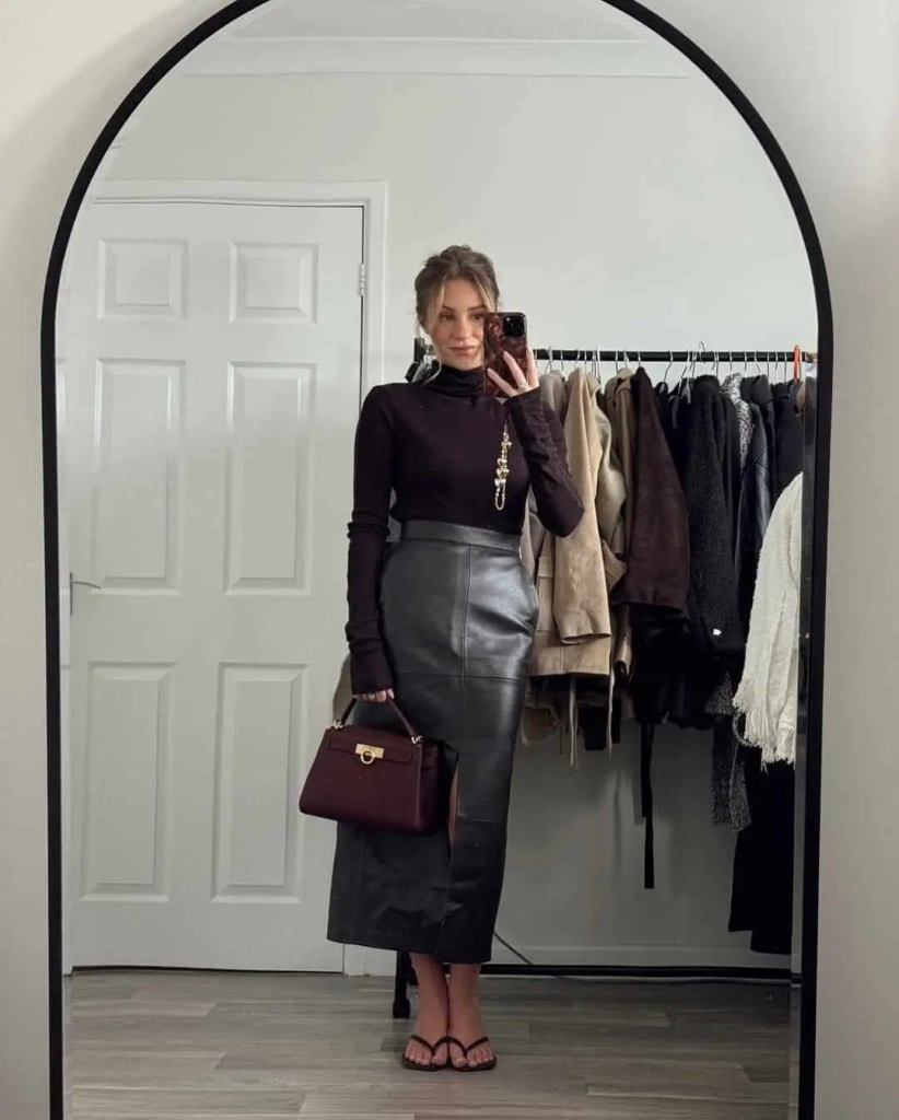 Sleek Turtleneck and Leather Skirt Combo