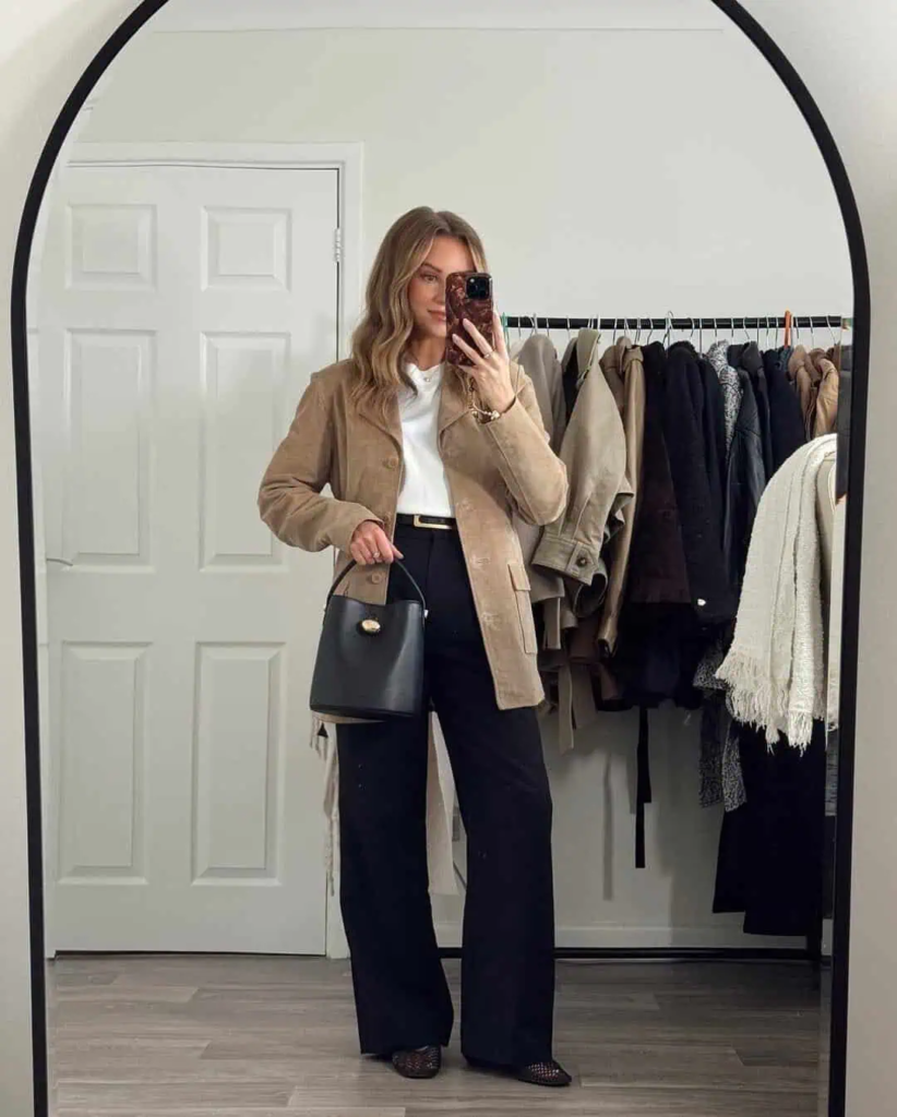 Suede Jacket and Wide-Leg Trousers Combo