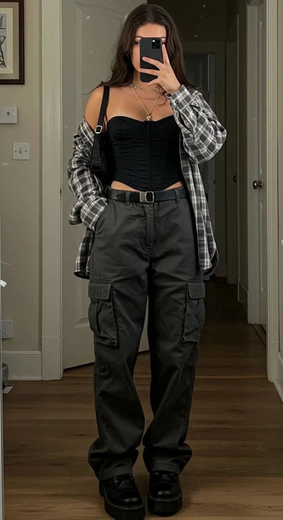 Black Corset Cargo Pants Plaid Shirt