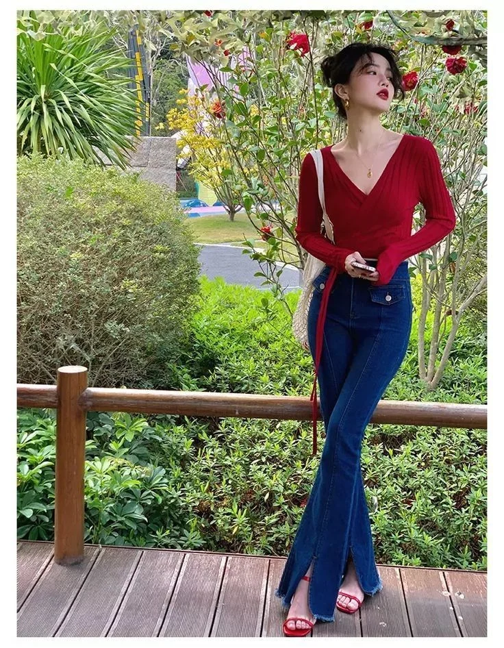 Rich Red Top with Flare Denim