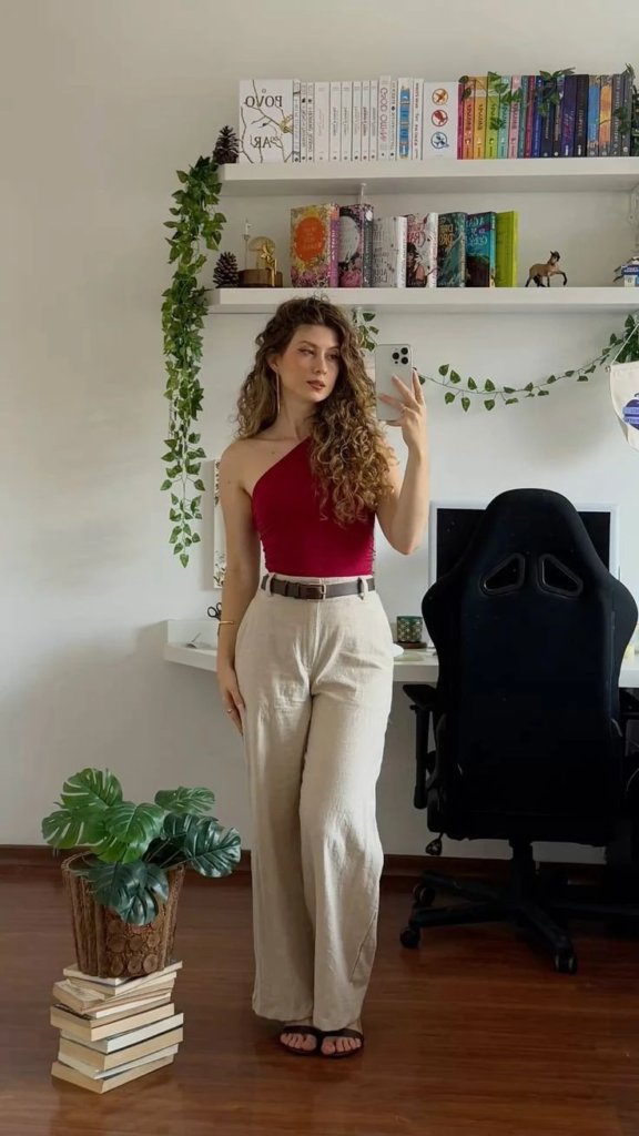 Bold Red Crop with Neutral Trousers