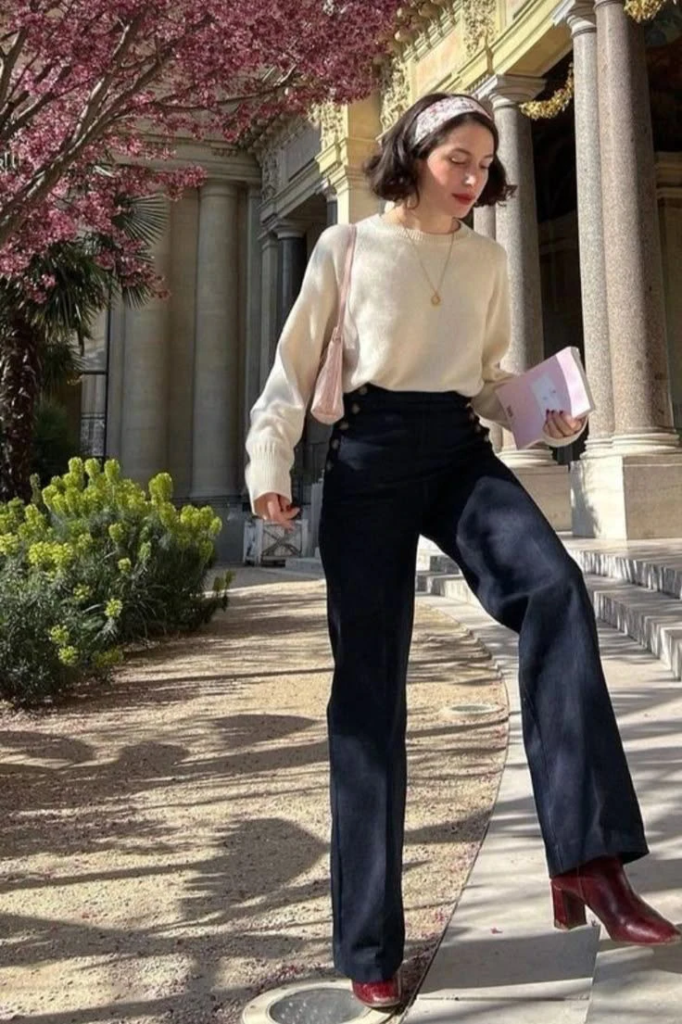 Cream Sweater with High-Waisted Flares