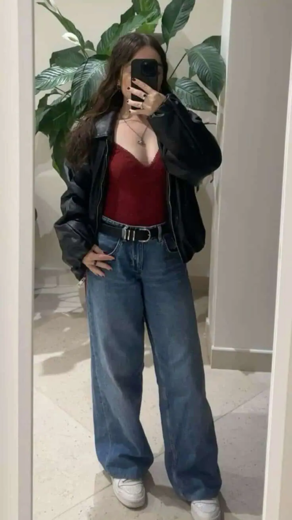 Leather Jacket with Wide-Leg Denim