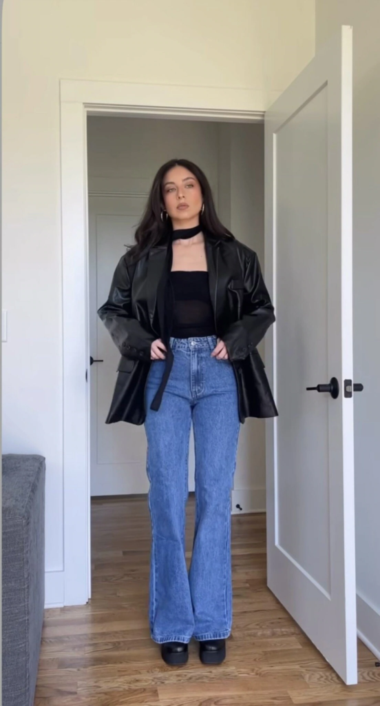 Black Blazer with Wide-Leg Denim
