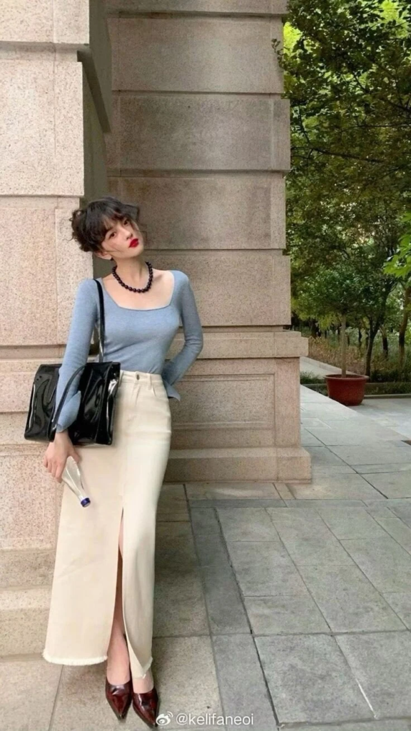 Slate Blue Top Cream Maxi Elegance