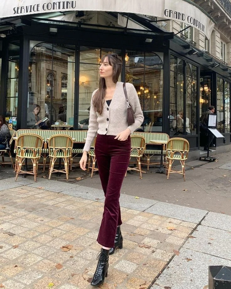 Cream Cardigan and Burgundy Flare Combo