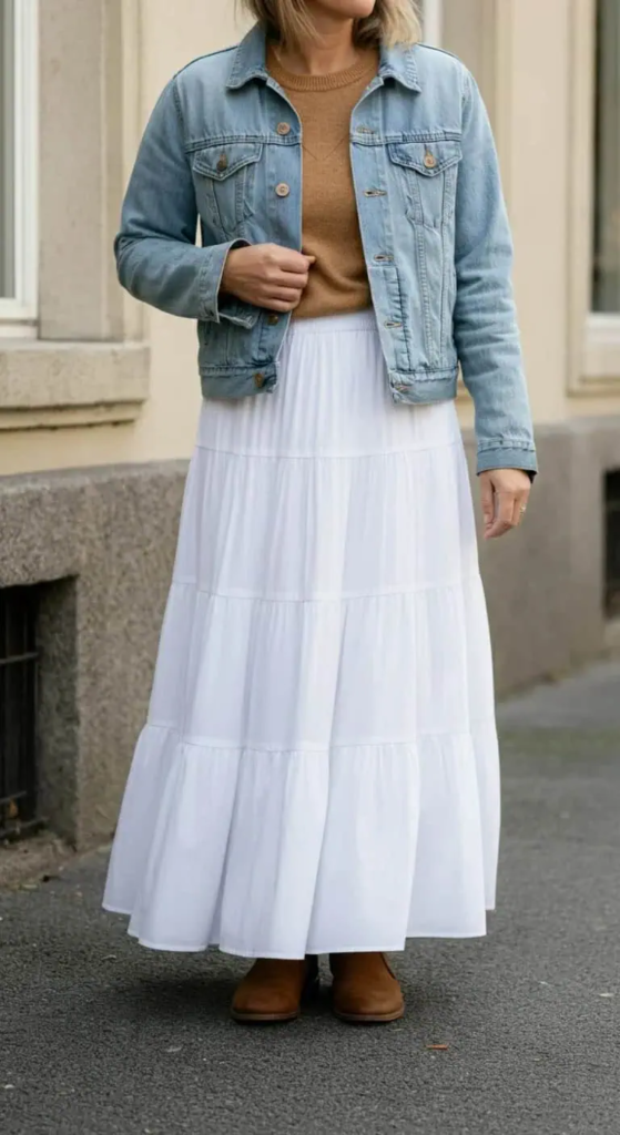 Tiered Cotton Skirt with Denim Jacket