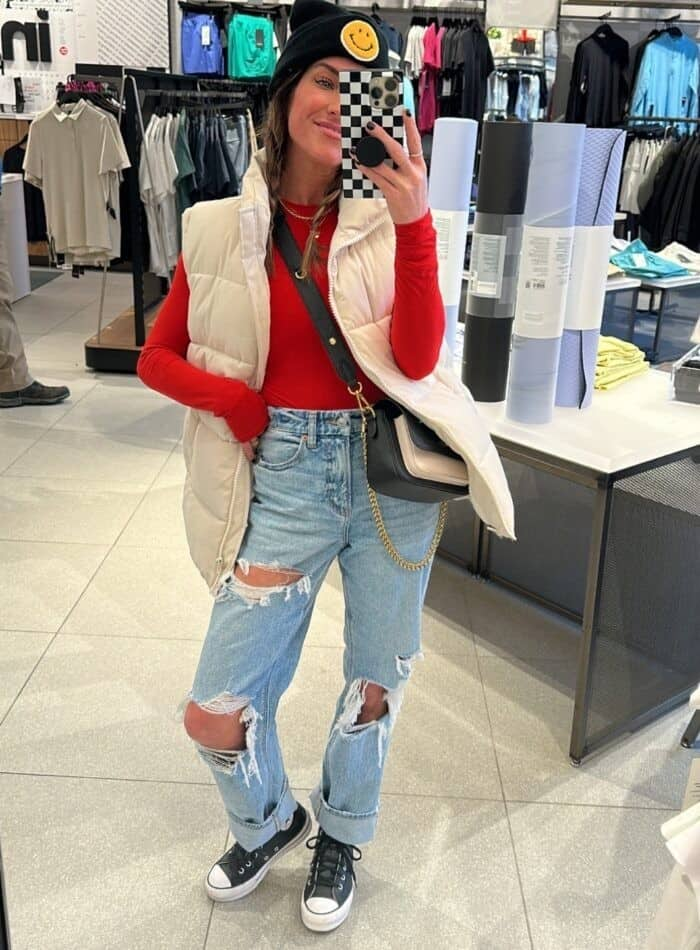 Puffer Vest and Red Sweater Combo