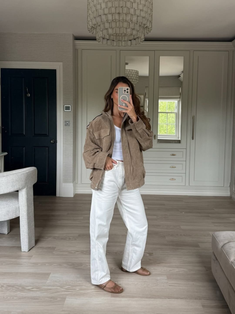 Suede Jacket and White Linen Look