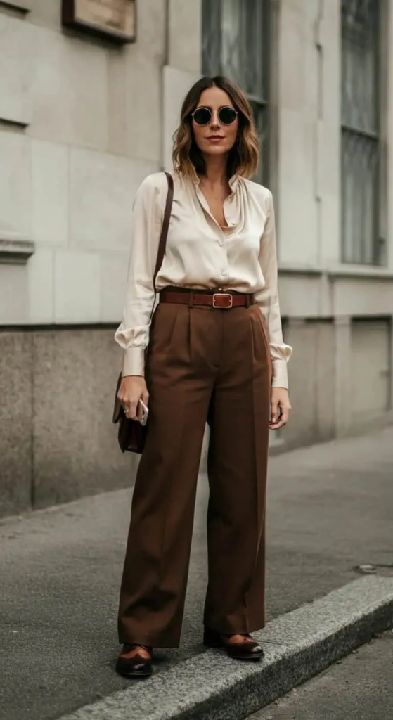 High-Waisted Wide Leg Trousers with Tucked Blouse