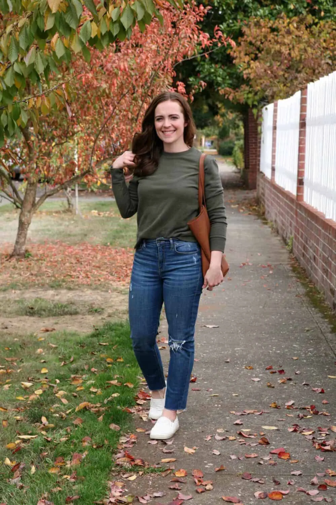 Olive Sweater and Distressed Denim Combo
