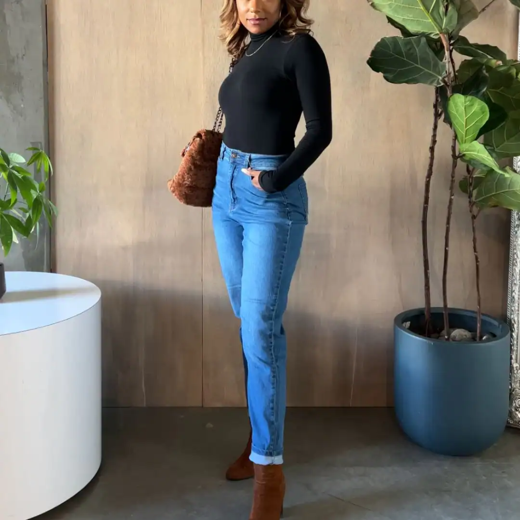 Turtleneck and High-Waist Jeans Combo