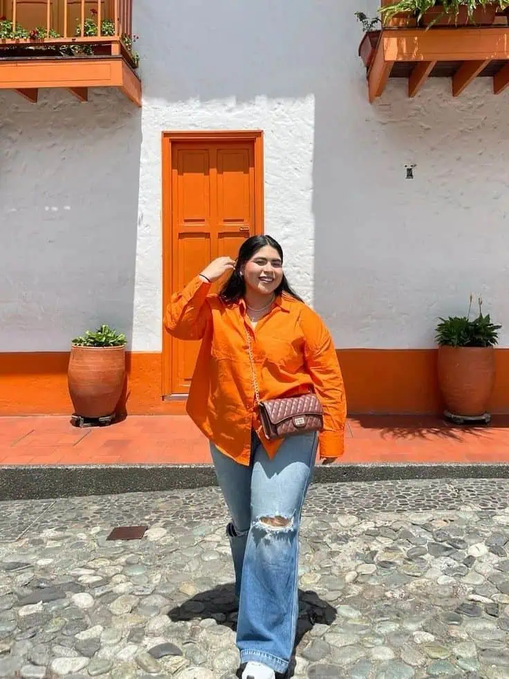 Vibrant Orange Button-Down and Jeans
