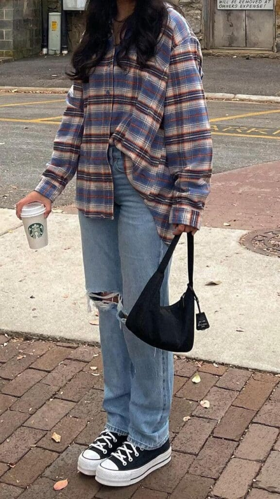 Oversized Plaid and Denim Combo