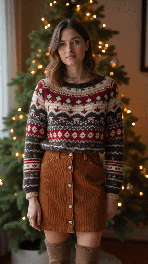 Fair Isle Sweater and Corduroy Skirt
