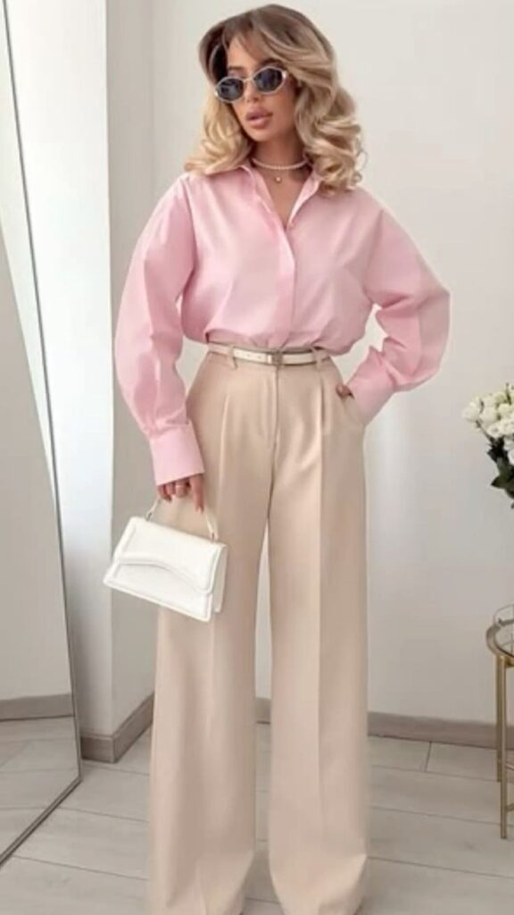 Pink Blouse with Cream Wide-Leg Trousers