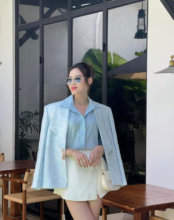 Light Blue Blazer with Cream Skirt