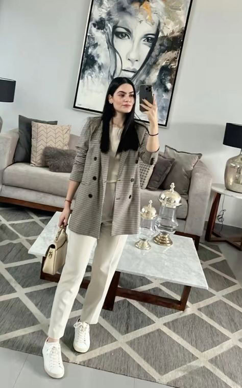 Neutral Blazer With Crisp White Pants