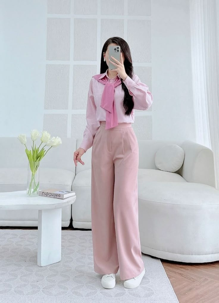 Soft Pink Blouse with Wide-Leg Pants