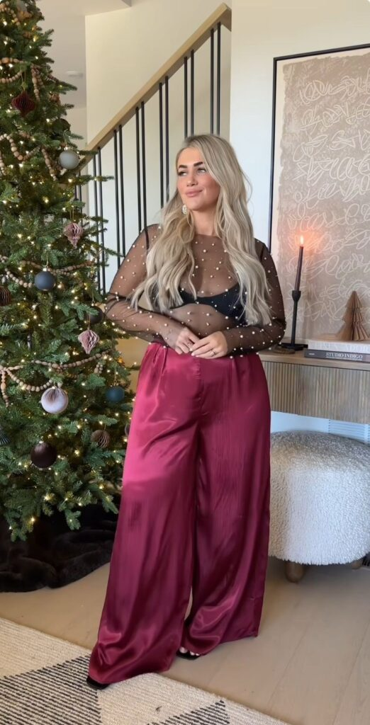 Sheer Top with Burgundy Satin Pants