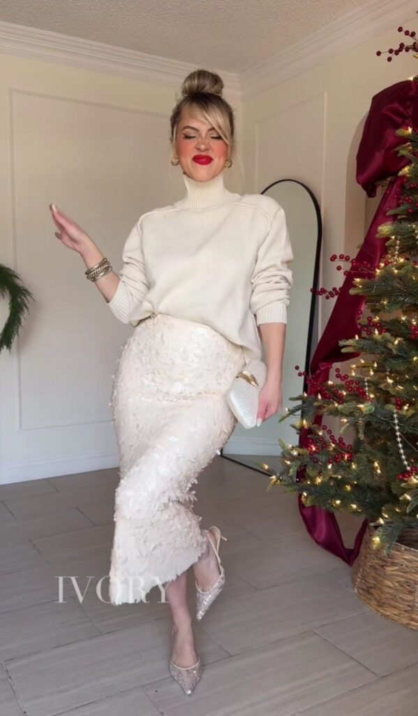 Chic All-White Sweater and Lace Skirt