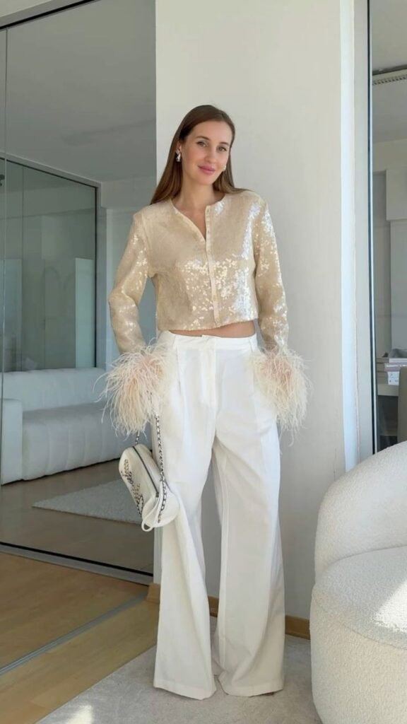 Sequin Crop Top with Feathered Cuffs