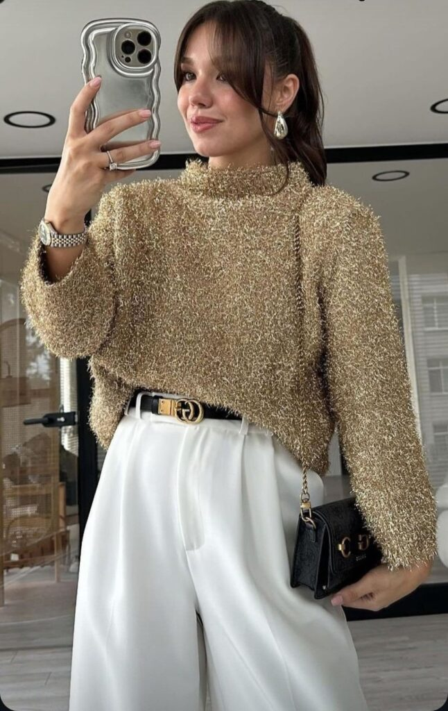 Glittery Sweater with Crisp White Bottoms