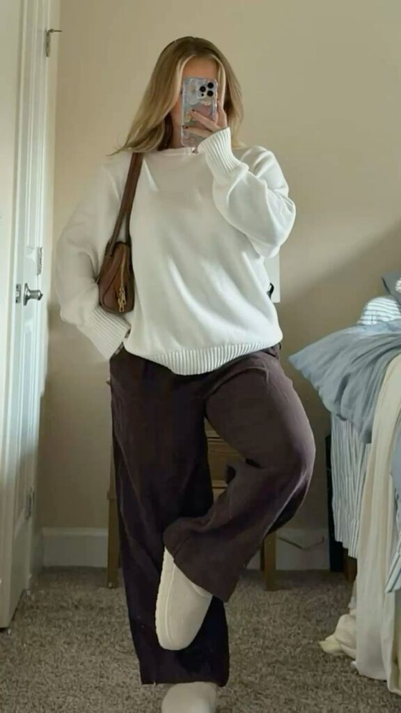 Cream Sweater With Chocolate Brown Trousers