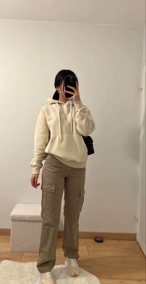 Cream Hoodie With Cargo Pants Combo
