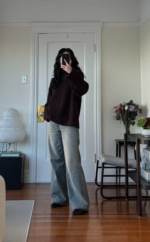 Oversized Burgundy Knit with Wide-Leg Jeans