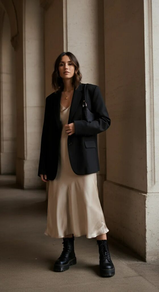 Oversized Blazer with Silk Slip Dress