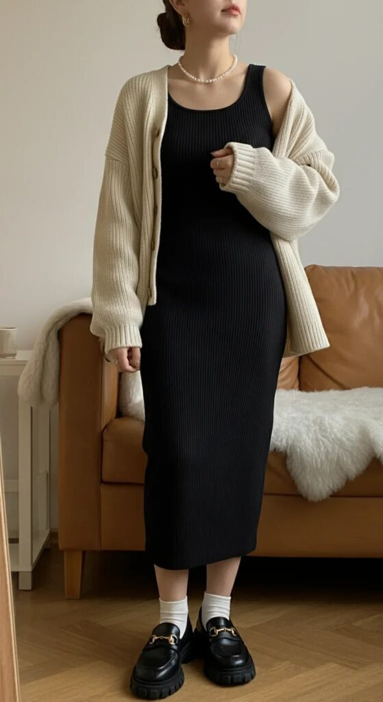 Ribbed Column Dress with Oversized Cardigan