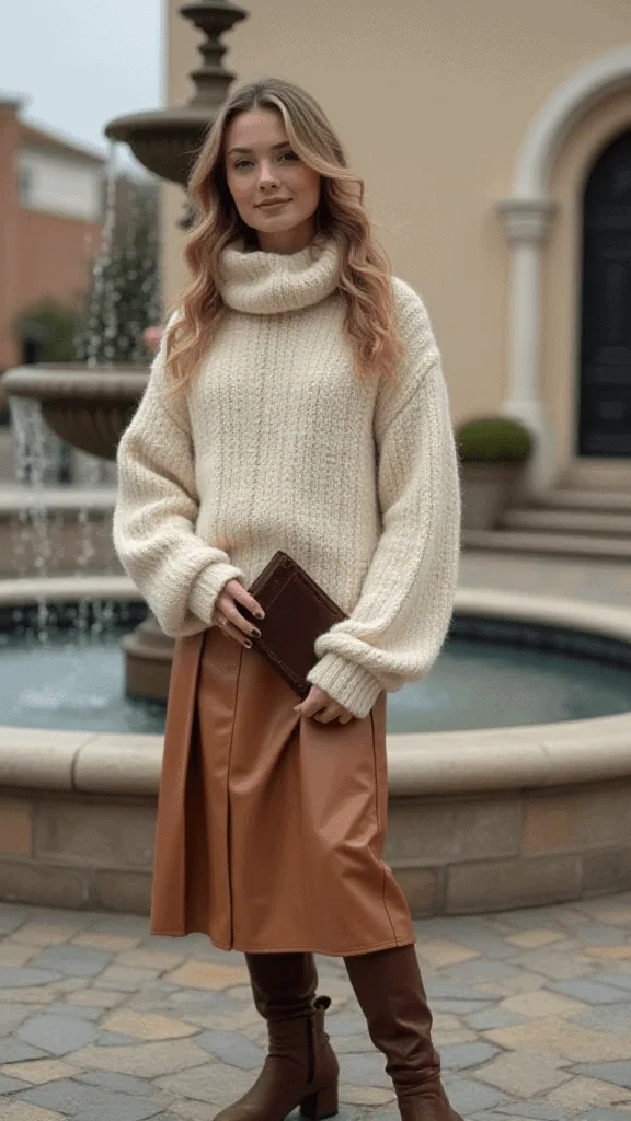 Leather Skirt and Chunky Knit
