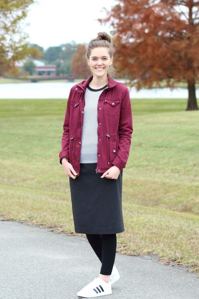 Burgundy Jacket Meets Midi Skirt