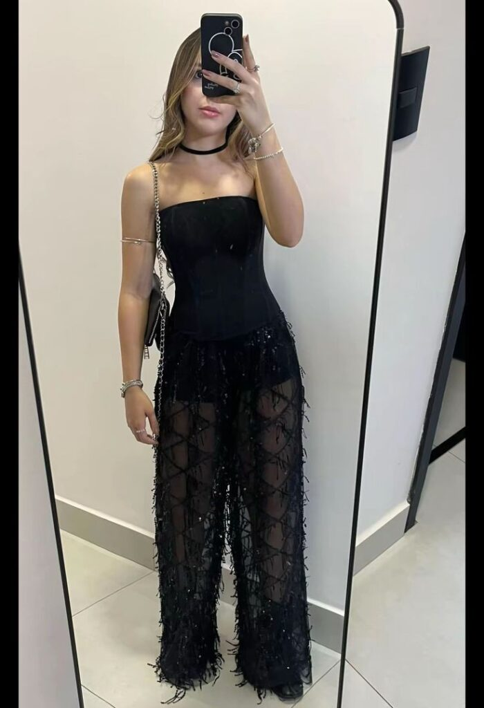 Black Strapless with Sheer Fringe Pants