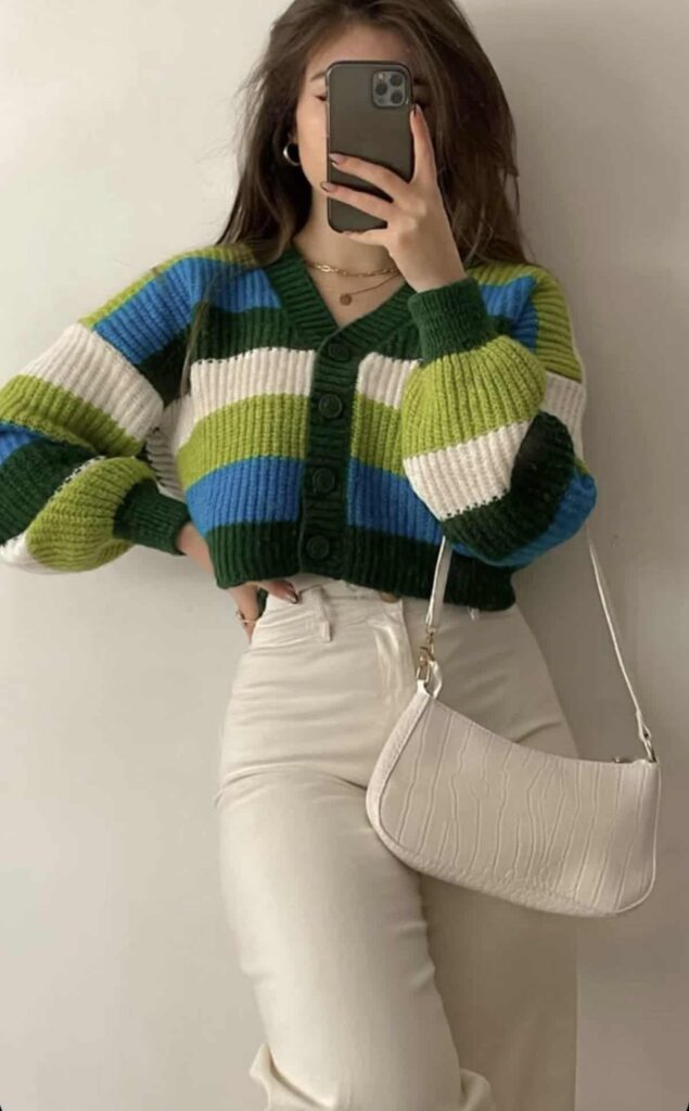 Colorblock Cardigan with Cream Pants