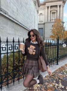 Preppy Teddy Bear Sweater with Plaid Skirt