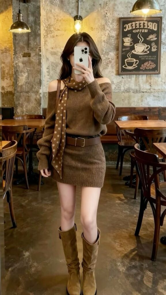 Cozy Sweater Dress with Polka Dot Scarf