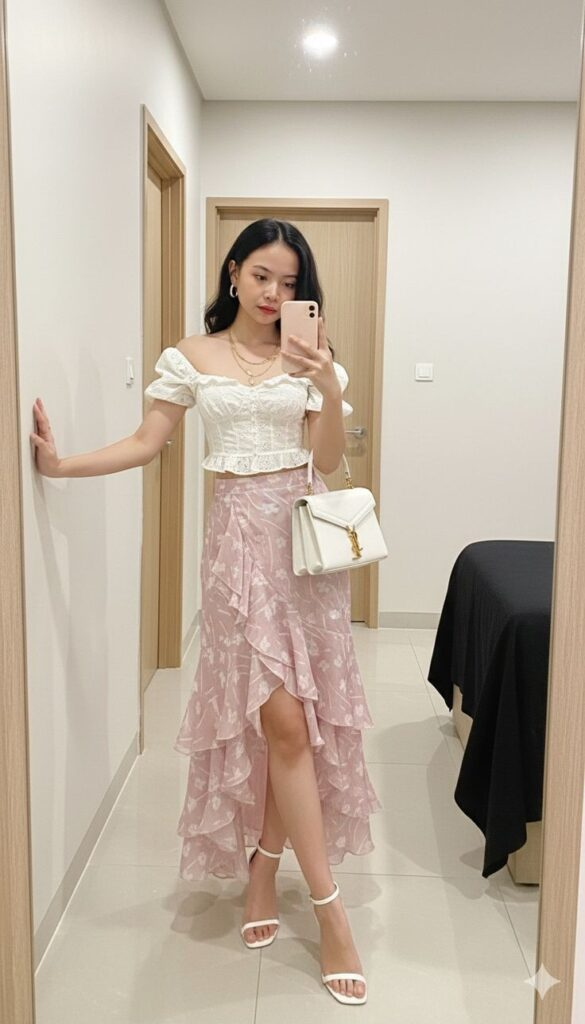 Romantic Off-Shoulder Crop Top Ensemble