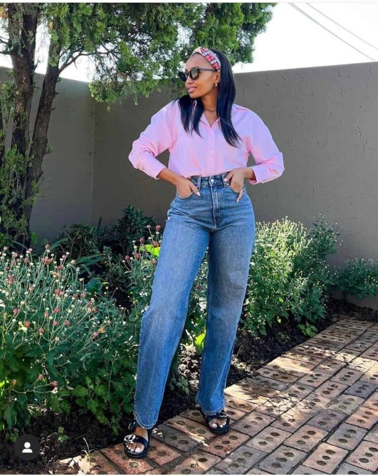 Pink Blouse and Wide-Leg Jeans