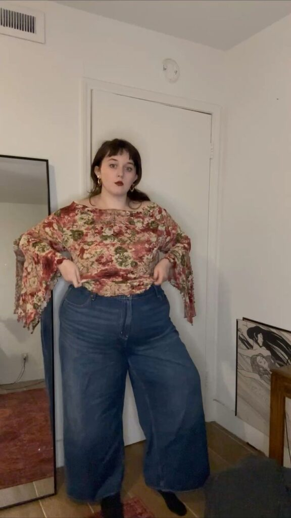 Vintage Floral Top with Wide-Leg Jeans